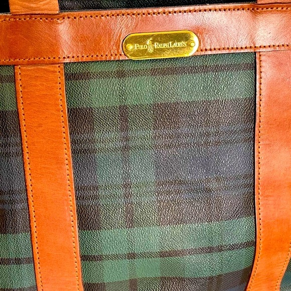 RALPH LAUREN BlackWatch Plaid Coated Canvas Brown Leather Top Zip Oversized Bag - Picture 14 of 16